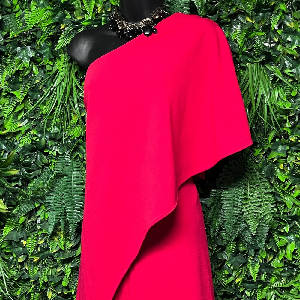 Adrianna Papell Pants Jumpsuit 10 Red One Shoulder Cape‎ Overlay Wide Leg 3851 - Picture 6 of 8